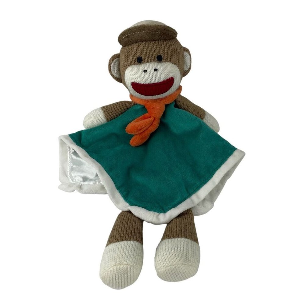 Baby Starters Sock Monkey Lovey Green Baby Security Blanket Knit Plush Rattle‎